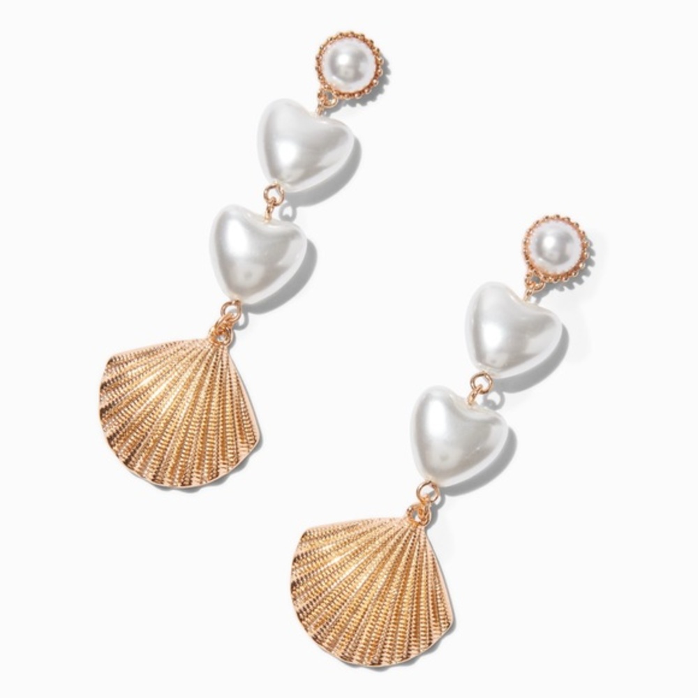 NWOT Heart Pearl & Gold-tone Seashell 3" Drop Earrings